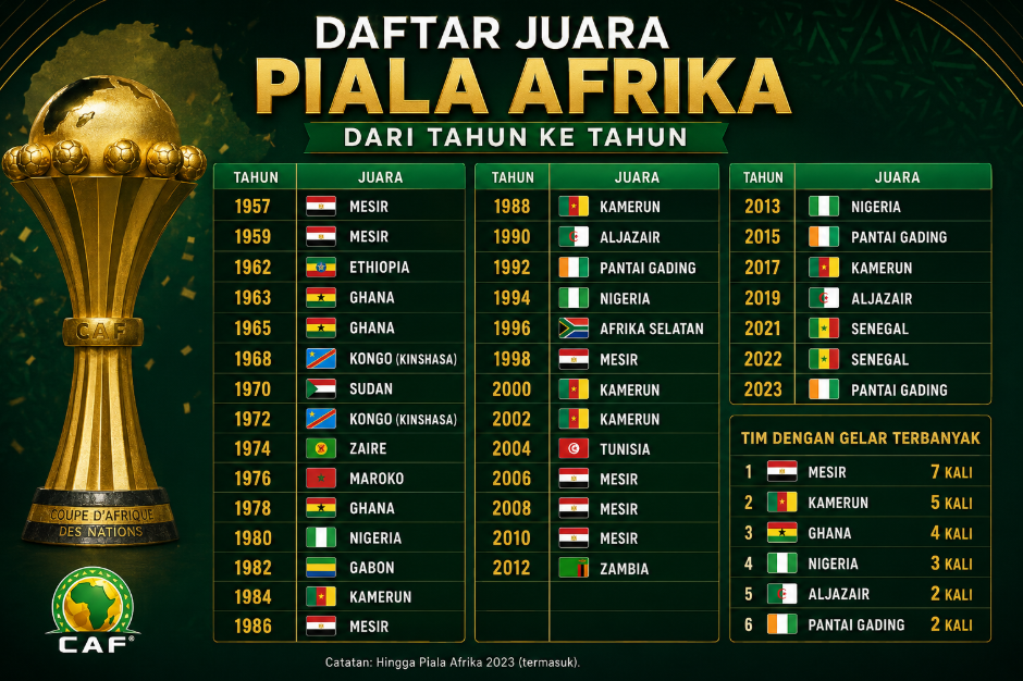 Daftar Juara Piala Afrika dari Tahun ke Tahun dan Negara Paling Dominan di Benua Afrika